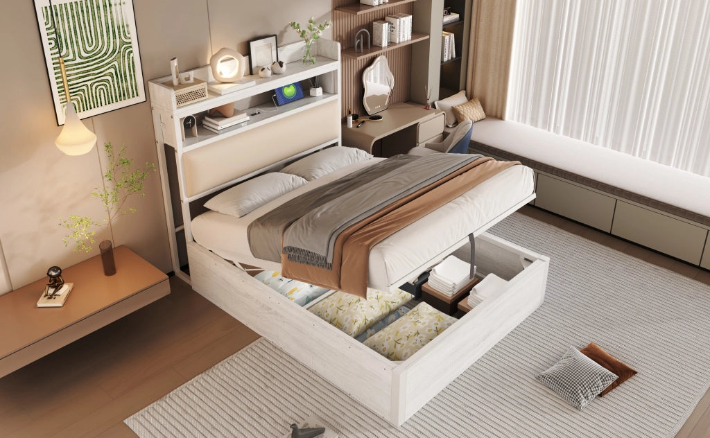 DESMIU Lit simple 90 × 200 cm con contenitore idraulico, USB e testiera con ripiano, senza materasso, bianco