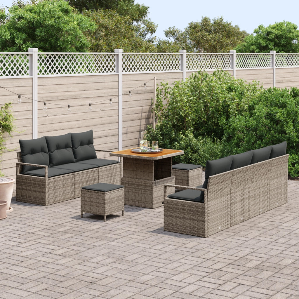 Set Divano da Giardino 10 Pezzi con Cuscini in Polyrattan Grigio e Acacia