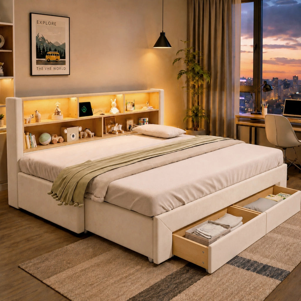 Letto a Divanetto 90x200 cm e 180x200 cm; USB; Type-C; LED; con Cassetti; Velluto Beige