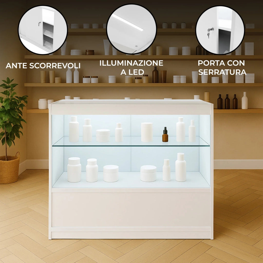 Bancone LED Bianco C900 con Vetrina, Ante Scorrevoli e Ripiani – Bloccabile