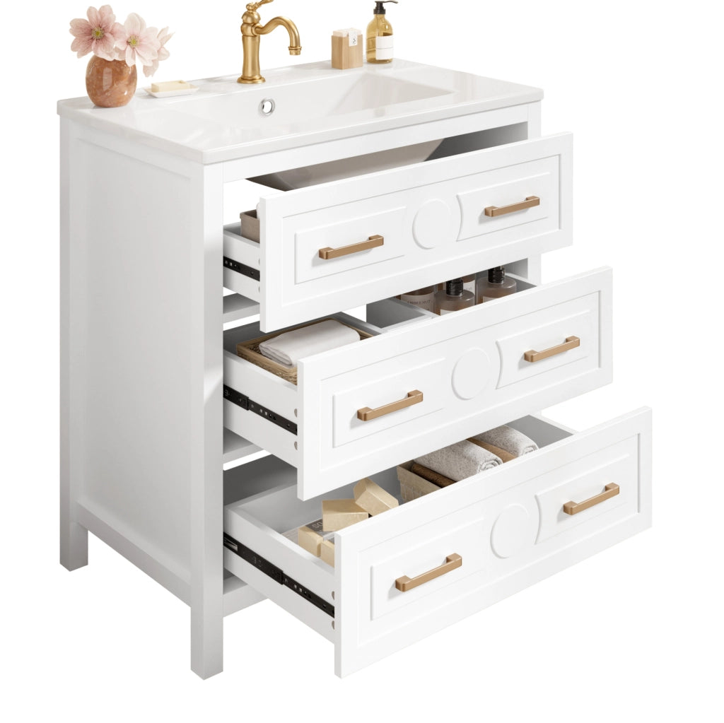 Mobile lavabo freestanding bianco 76,5x47x82 cm in MDF e ceramica con 3 cassetti