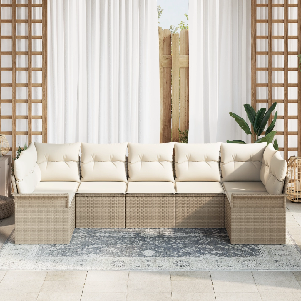 Set Divano da Giardino  7 Pezzi con Cuscini Beige Rattan Sintetico