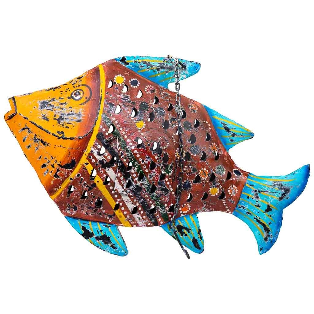 Portacandele pesce in metallo invecchiato 50x10x32