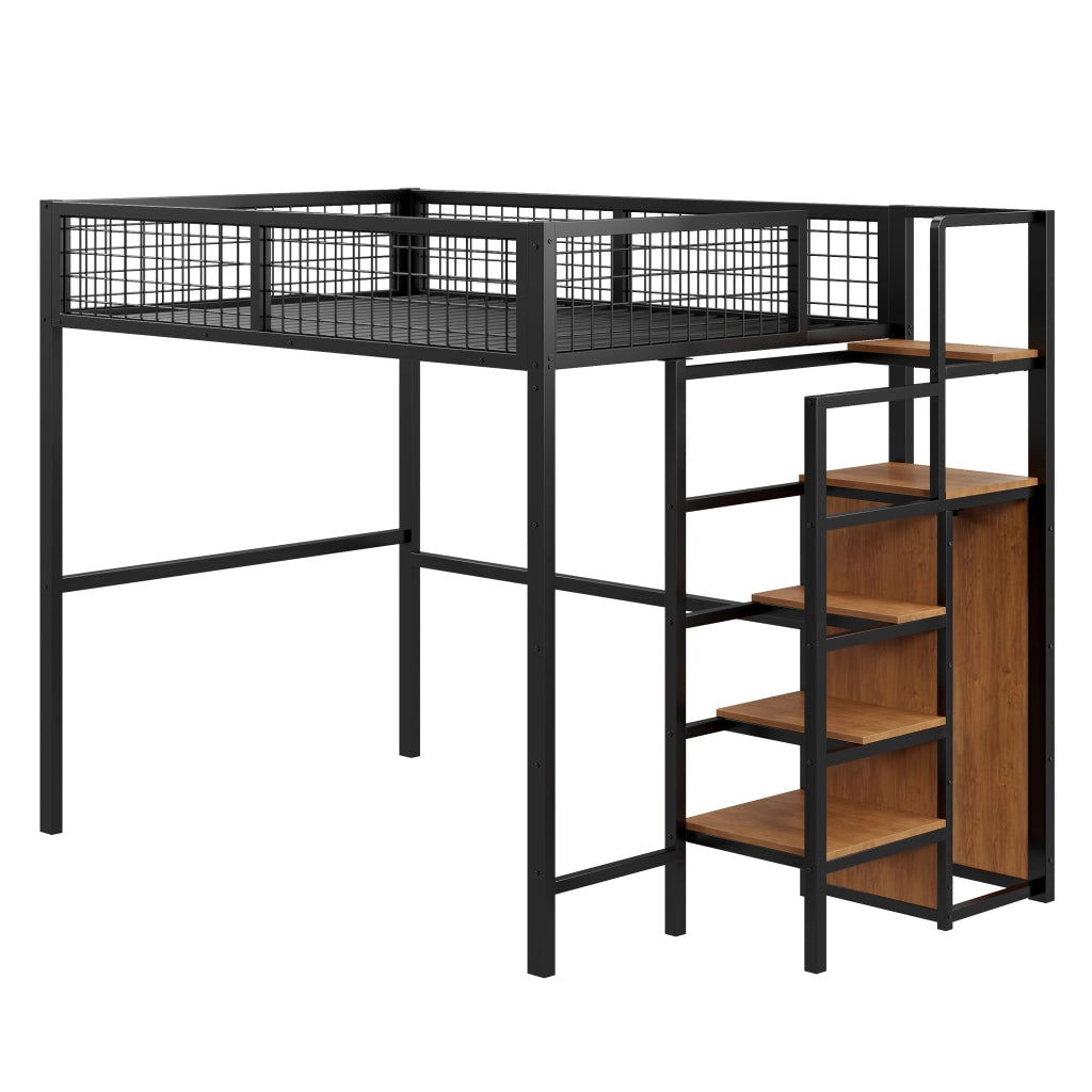 OKWISH Letto a Soppalco 140×200 cm, Letto Matrimoniale con Scala, Mensole e Armadio, senza Materasso, in Metallo, Nero