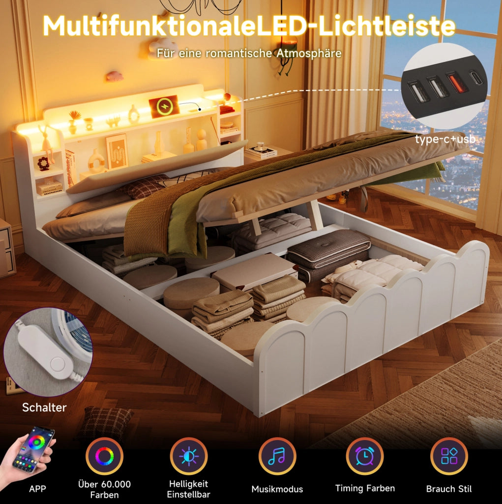 Letto imbottito idraulico 140x200 cm con LED e prese USB