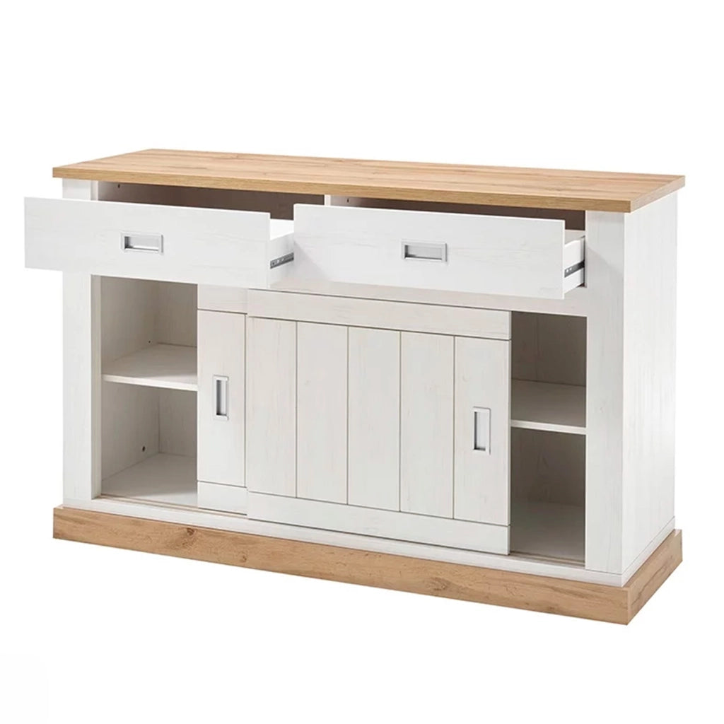Mobile Soggiorno Madia Con 2 Cassetti 2 Ante Scorrevoli E 4 Ripiani Interni Credenza Design Minimal Shabby Chic Per Sala Da Pranzo Zona Living 150 X 50 X 95.5 Cm Bianco E Rovere