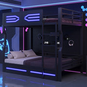 Letto a castello in metallo con LED e sponde alte, 140x200 cm, nero