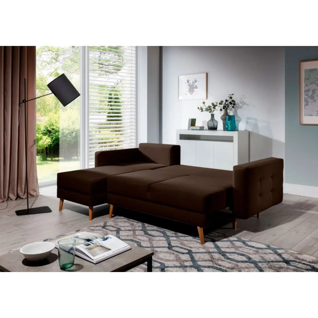 Divano angolare convertibile HASGARD 3 posti marrone 248x162 cm – cassapanca e piedi in legno