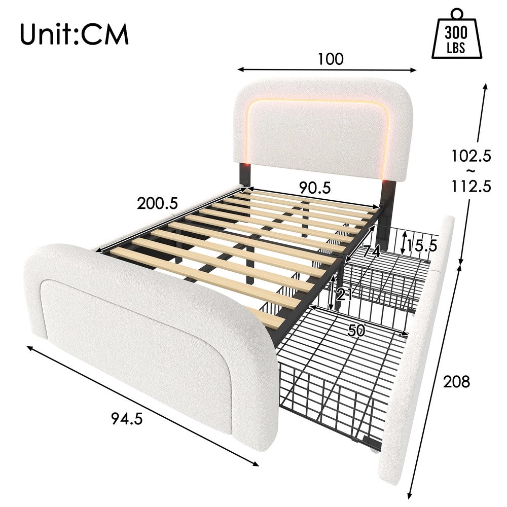 Letto Singolo Imbottito con LED, USB, Cassetti e Rete a Doghe ¨C MINIMAL ¨C 90x200, Bianco