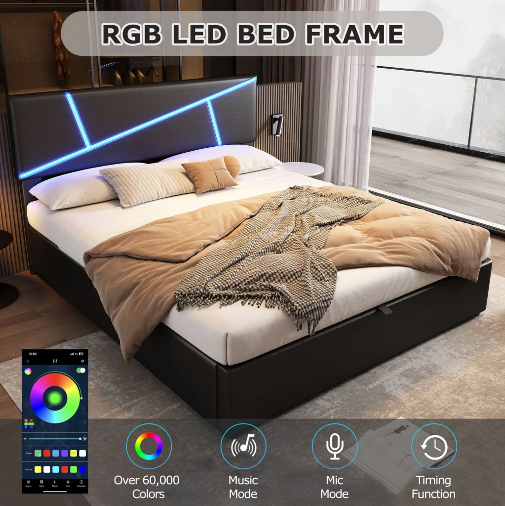 Letto matrimoniale imbottito con LED e contenitore 140x200 cm; in PU nero