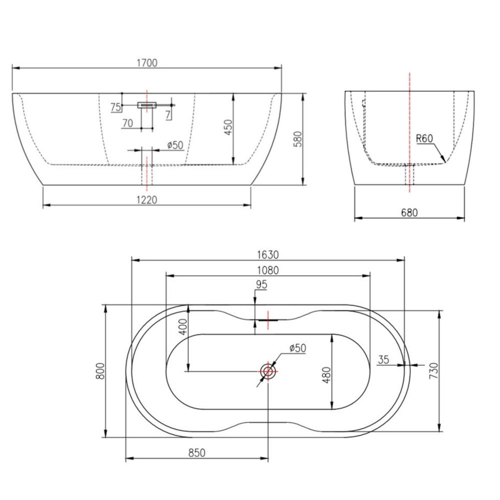Vasca da bagno free standing forma ovale acrilico bianco lucido 170 cm *** misure 170x80x60 cm, confezione 1