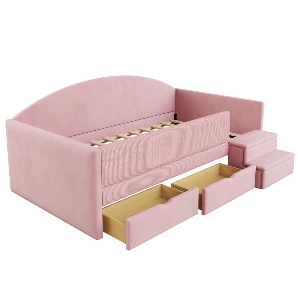Letto imbottito 90x190 cm con 2 cassetti, sponde di protezione e scaletta rosa