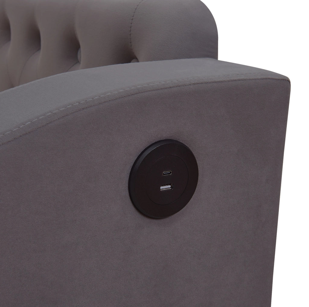 Divano letto imbottito in velluto con USB, contenitori nei braccioli, grigio