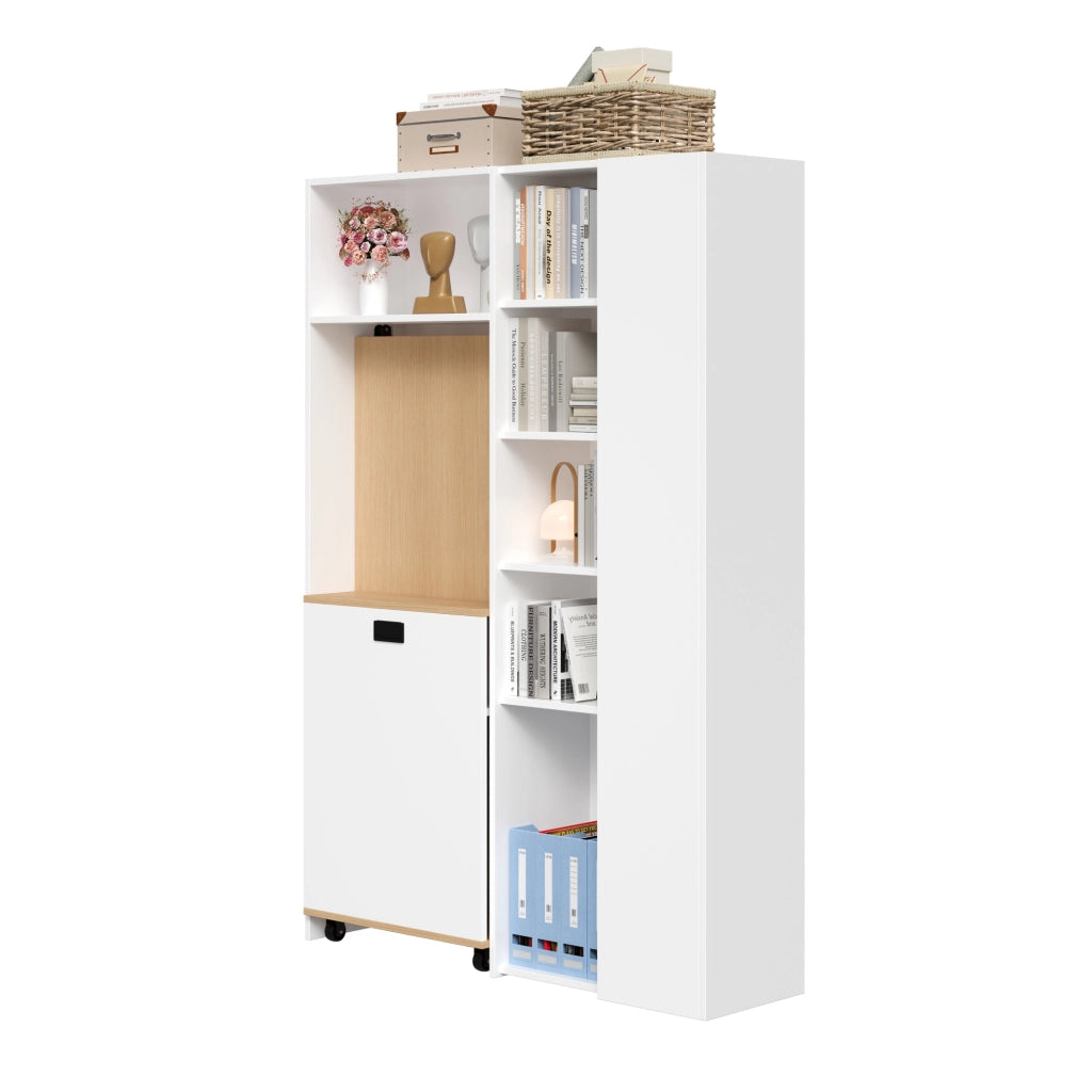 Scrivania pieghevole con libreria e prese USB - per studio - in MDF - 104.5×30.5×160 cm - bianco quercia