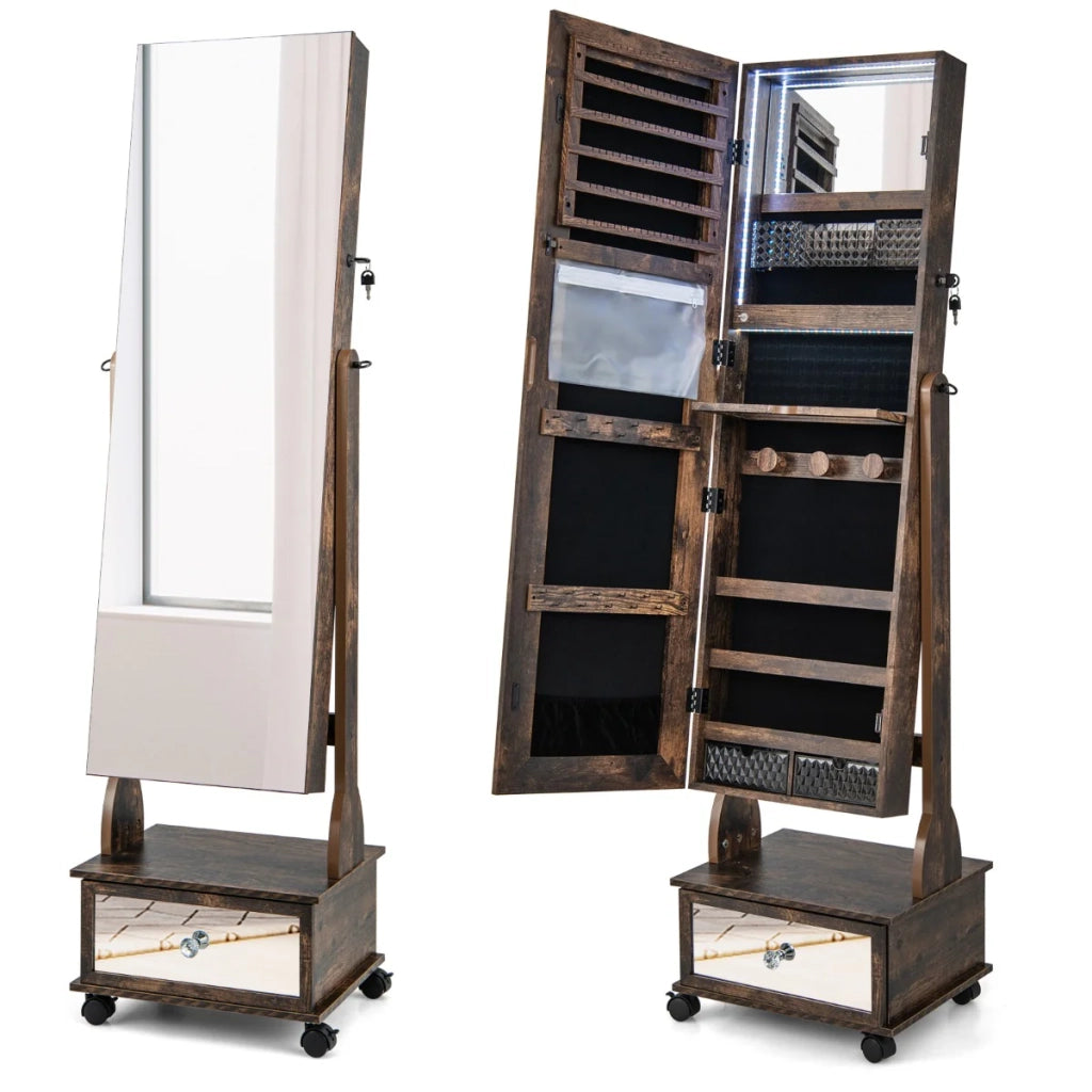 Mobile portagioielli indipendente 42 x 35 x 159 cm con specchio a figura intera e moderne luci LED in MDF marrone 20_0010373