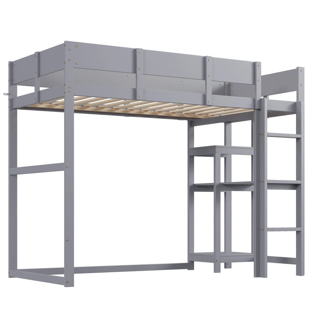 Letto a soppalco 90x200 cm con ripiano; in legno massello di pino; grigio
