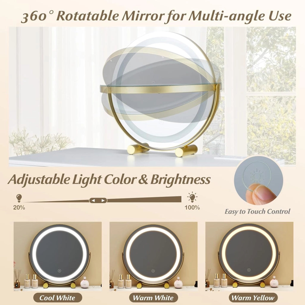 Set da toeletta, tavolo da trucco moderno con sgabello, specchio illuminato e girevole, modalità di illuminazione regolabili, stazione di ricarica, 4 cassetti e scomparto aperto per