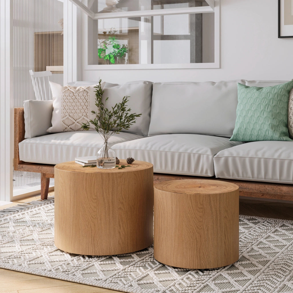 Tavolini bassi impilabili set da 2 con piano effetto anello naturale, per soggiorno, in legno e MDF, stile moderno