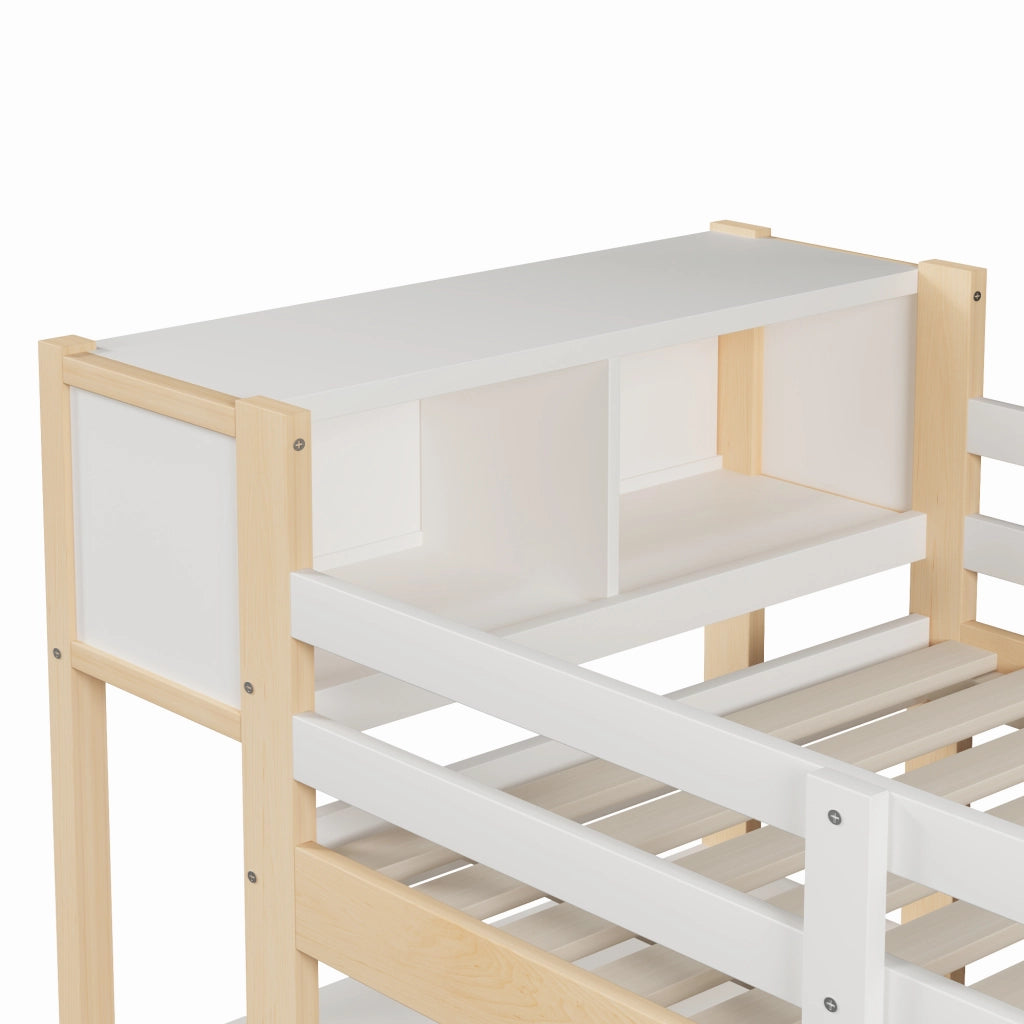 Letto a soppalco 90 × 200 cm con scrivania, scaffali e armadio, senza materasso, in pino, naturale