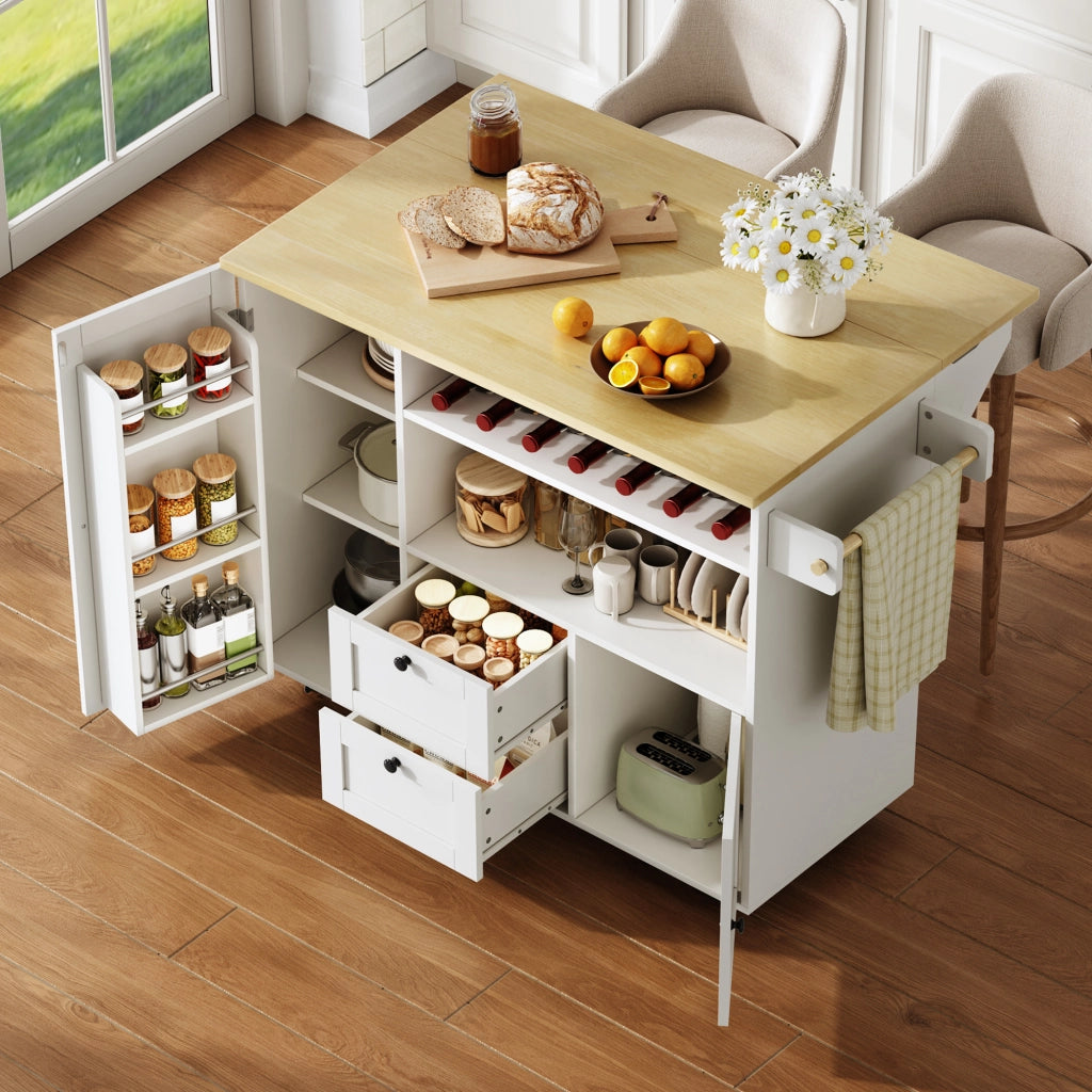 Isola cucina con piano ribaltabile, 2 cassetti, portabottiglie, portarotolo e ruote bloccabili, 104 × 45(69) × 89 cm