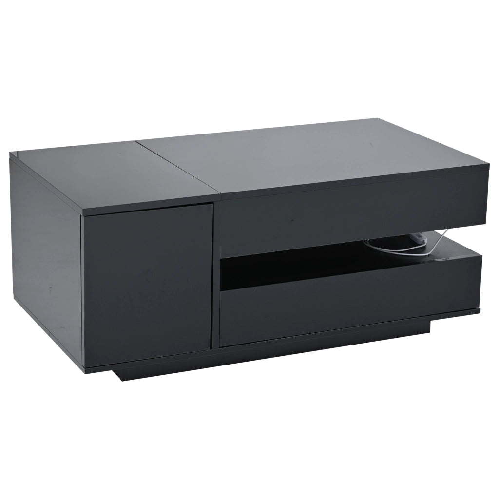 OKWISH Tavolino da Salotto Alzabile Moderno con 1 Cassetto, 1 Anta e Vano Aperto, LED, per Soggiorno, Nero, 95×50×40 cm