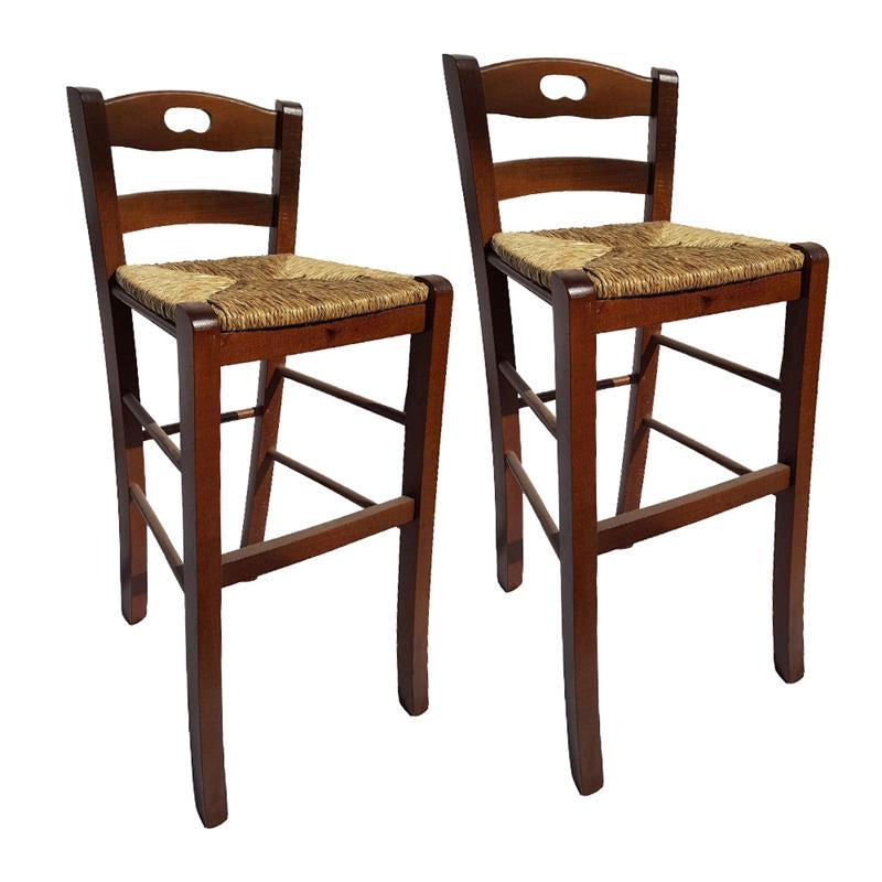 SET 2PZ SGABELLI SNACK CON SEDUTA IN PAGLIA COLORE NOCE 39X38X90CM STILE RUSTICO SCHIENALE ALTO
