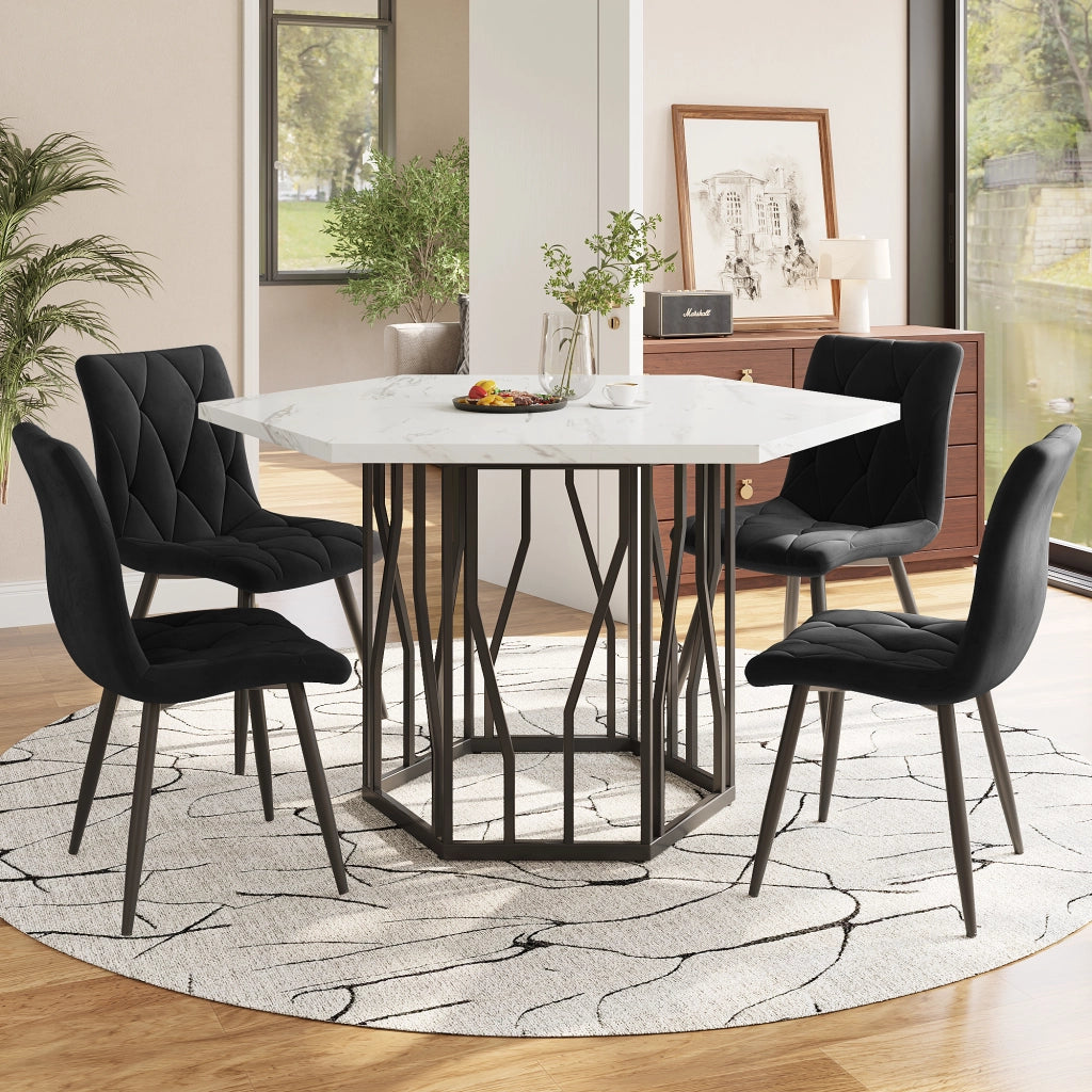 Tavolo da pranzo con 4 sedie, piano effetto marmo e struttura in metallo nero, per sala 115,5 × 100 × 75 cm