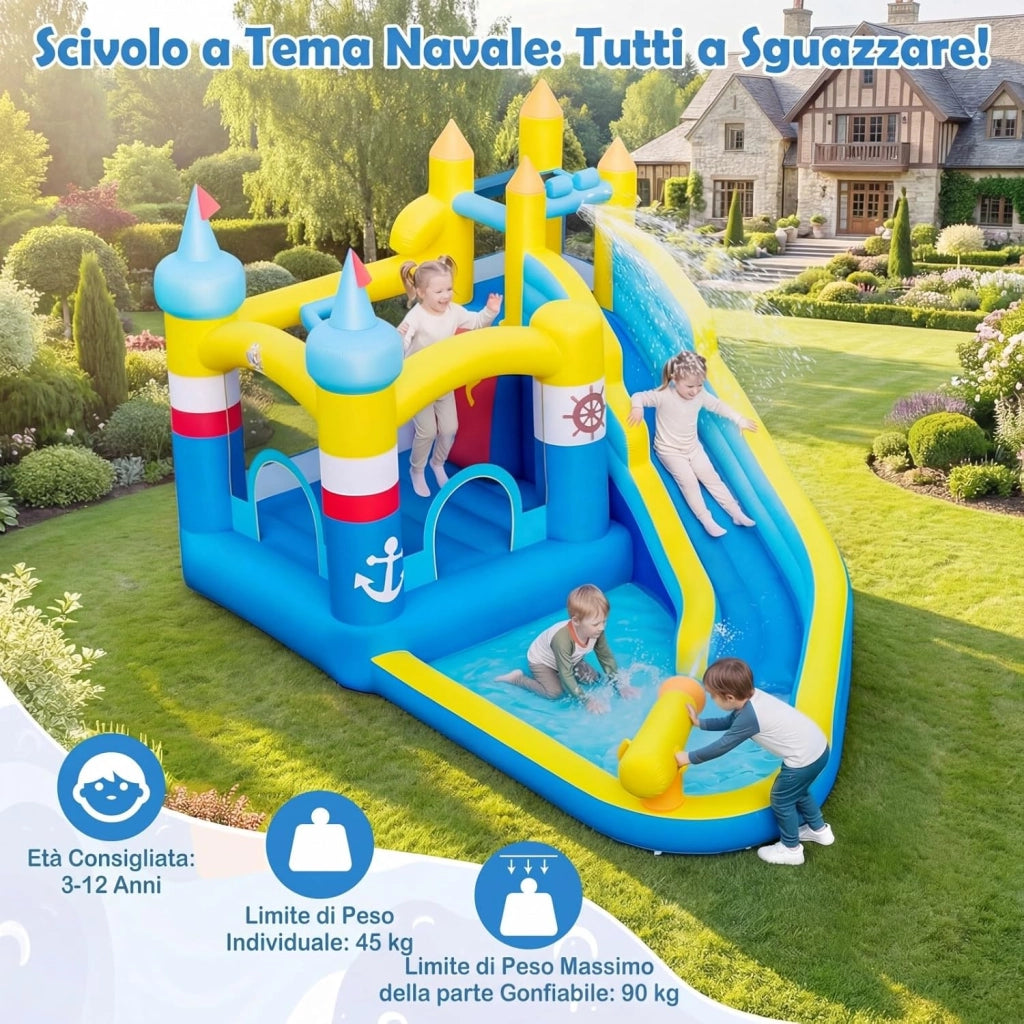 Castello Gonfiabile per Bambini, Casa Gonfiabile con Piscina Splash, Cannone d'Acqua, Area di Rimbalzo, Scivolo Lungo, Parete d'Arrampicata, per Bambini 3-12 Anni (Senza Soffiatore)
