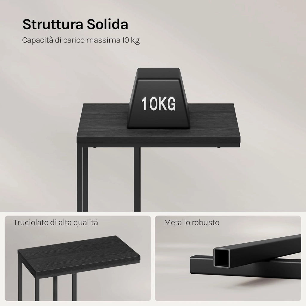 Tavolino a Forma di C, Tavolino Compatto con Struttura in Metallo e Piano in Legno Ingegnerizzato, per Divano/Letto/Soggiorno/Camera da Letto, L45xP25xH63,5cm, Nero