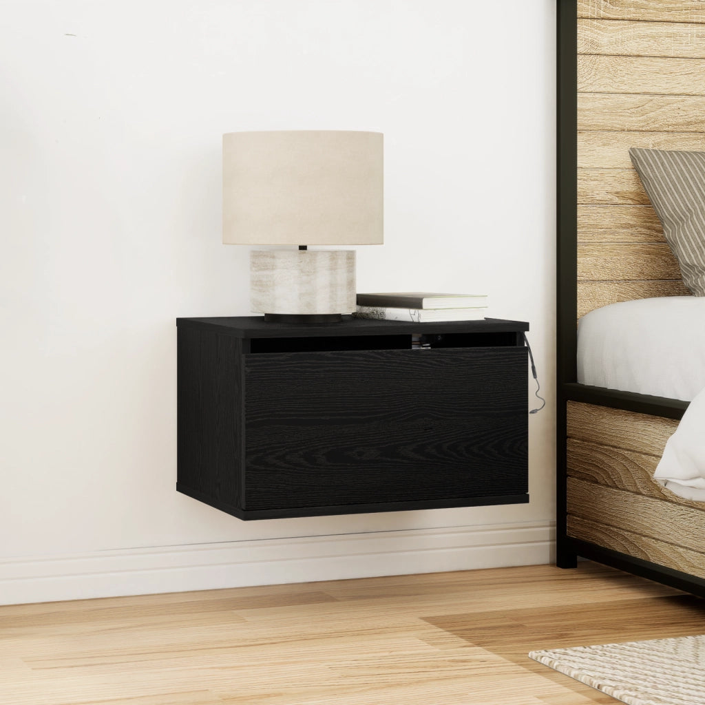 Comodino  con LED montato a parete in rovere nero 50x36x30 cm