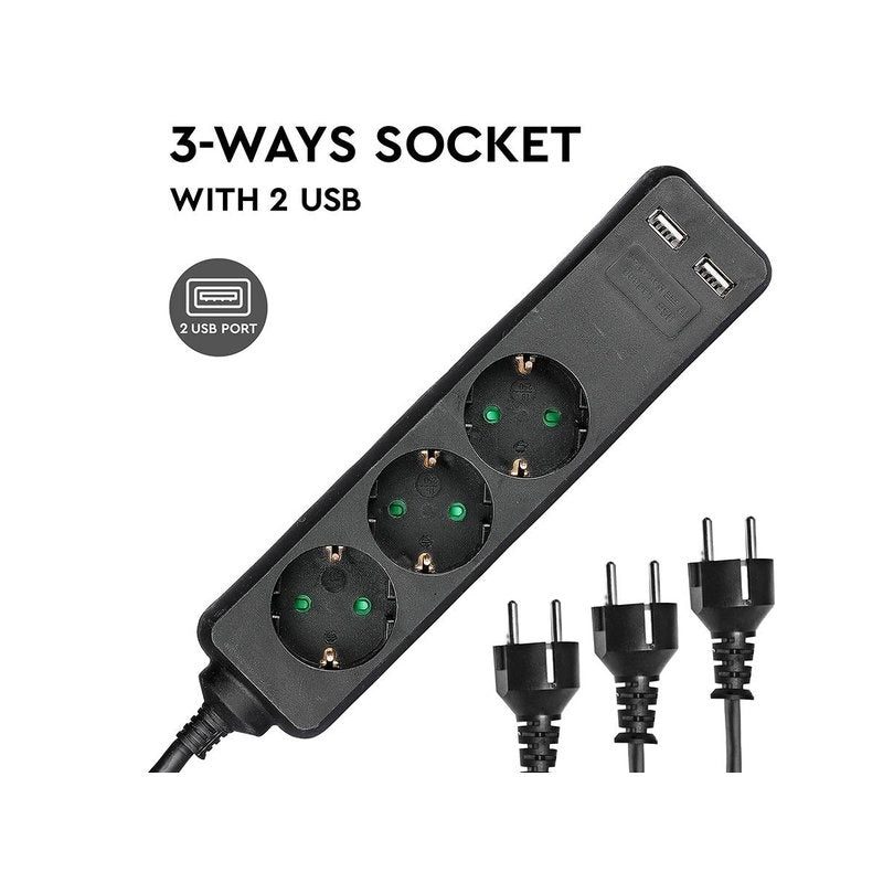 Multipresa Ciabatta Elettrica Con 2 USB e 3 Posti Schuko 10A Cavo Lunga 1,5 Metri Colore Nero 3X1.5 mmq SKU-8776