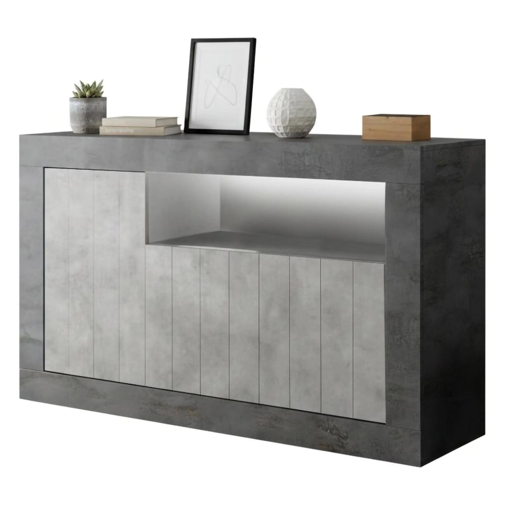 Credenza Dolphin, Buffet da soggiorno, Madia da salotto, Dispensa da cucina, Made in Italy, 138x42 h86 cm, Ardesia e Cemento
