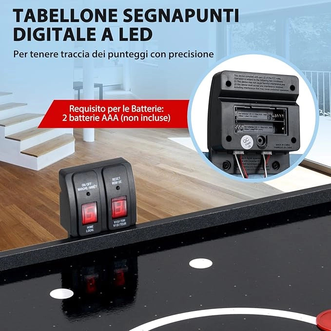 Tavolo da Air Hockey, Hockey da Tavolo Pieghevole con Potente Motore 12V e Tabellone Digitale a LED, 2 Spingitori e 2 Dischi, per Casa Sala Giochi e Ufficio, 144 x 68 x 79 cm