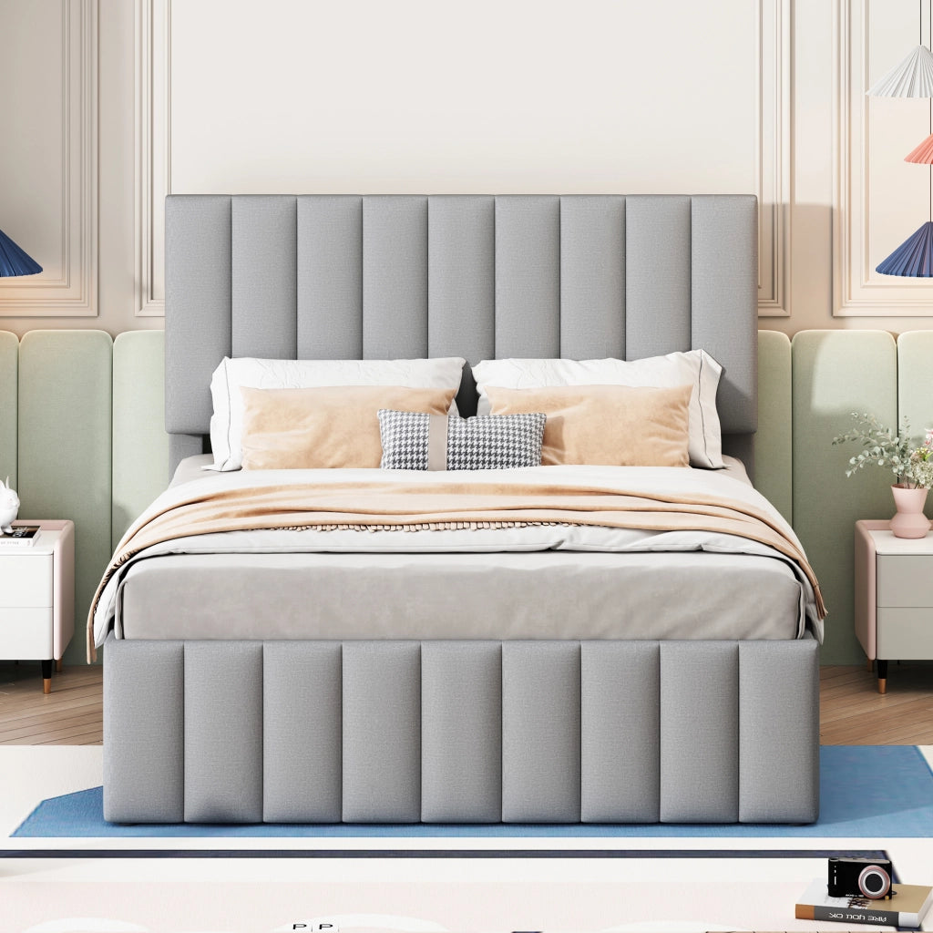 DESMIU Letto estraibile 140 × 200 cm 2 posti con 3 cassetti e letto supplementare, senza materasso, in lino, grigio