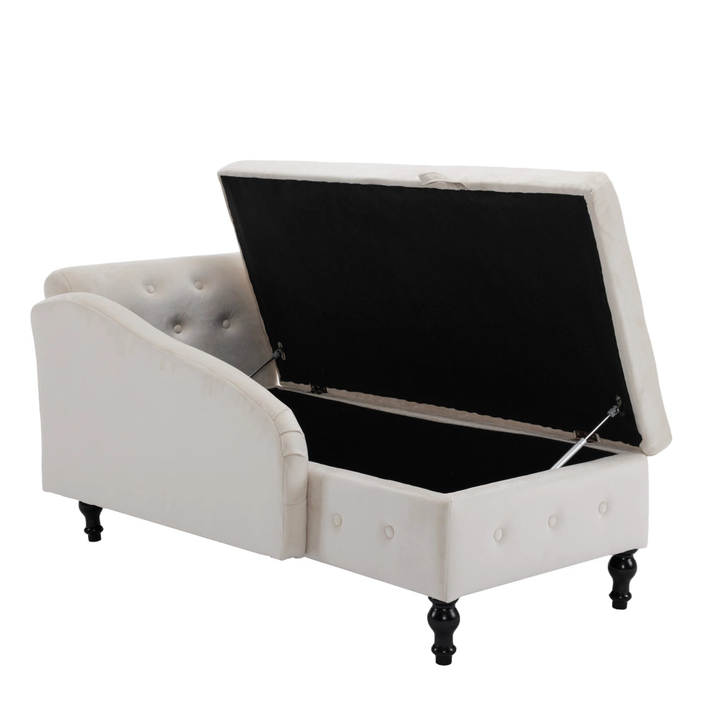 Chaise longue con contenitore in velluto con cuscino e bracciolo destro beige per salotto interno 144 × 62 × 69 cm