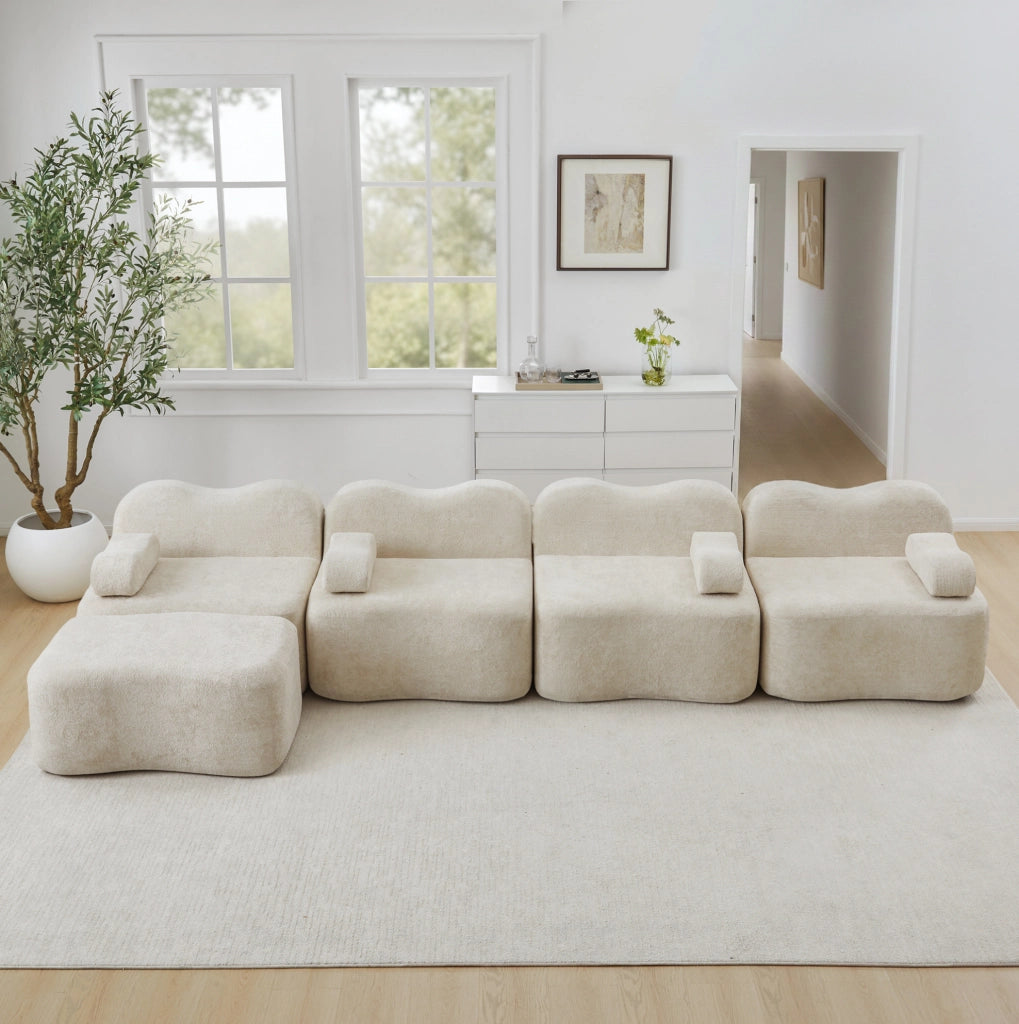 Divano angolare modulare 4 posti con pouf 384x167x70 cm in velluto beige
