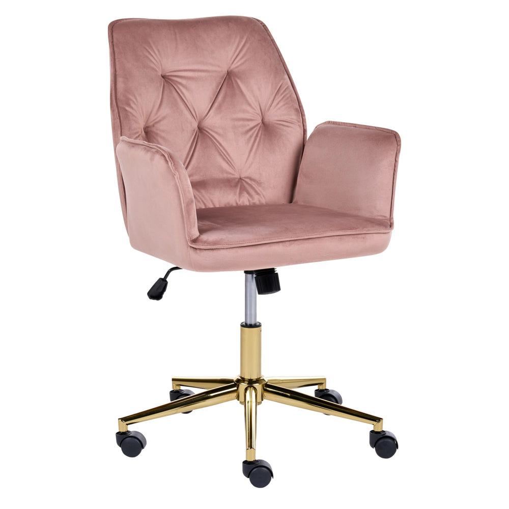 Sedia da ufficio per casa, rivestimento in velluto rosa, base girevole, regolazione in altezza, schienale reclinabile trapuntato, Glam