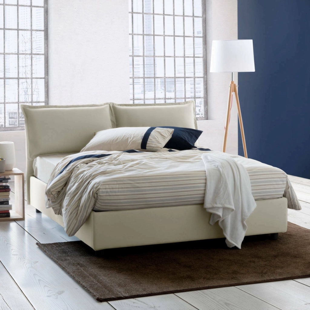 Letto matrimoniale Amy, Letto contenitore con rivestimento in tessuto, Made in Italy, Apertura frontale, con materasso cm 160x200 incluso, Beige