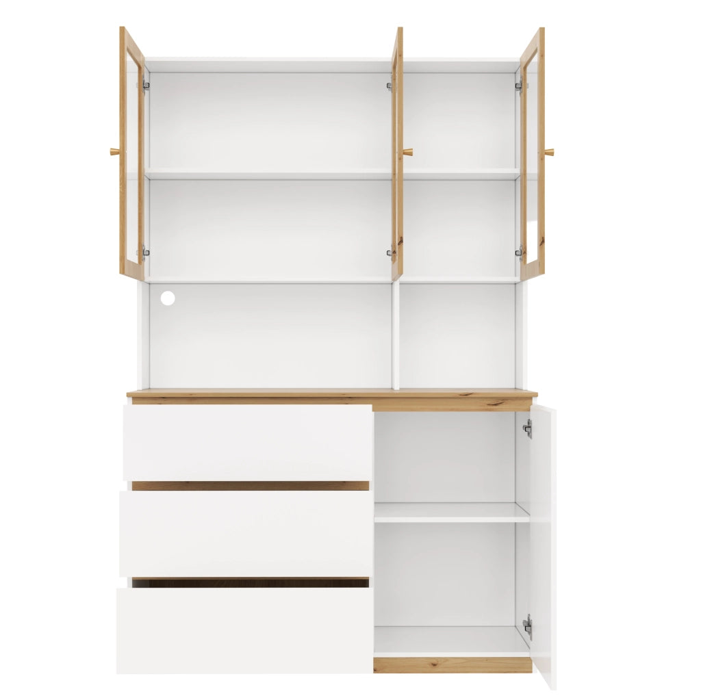 Vetrina alta con LED 120x200 cm; piano d'appoggio; MDF; bianco e rovere