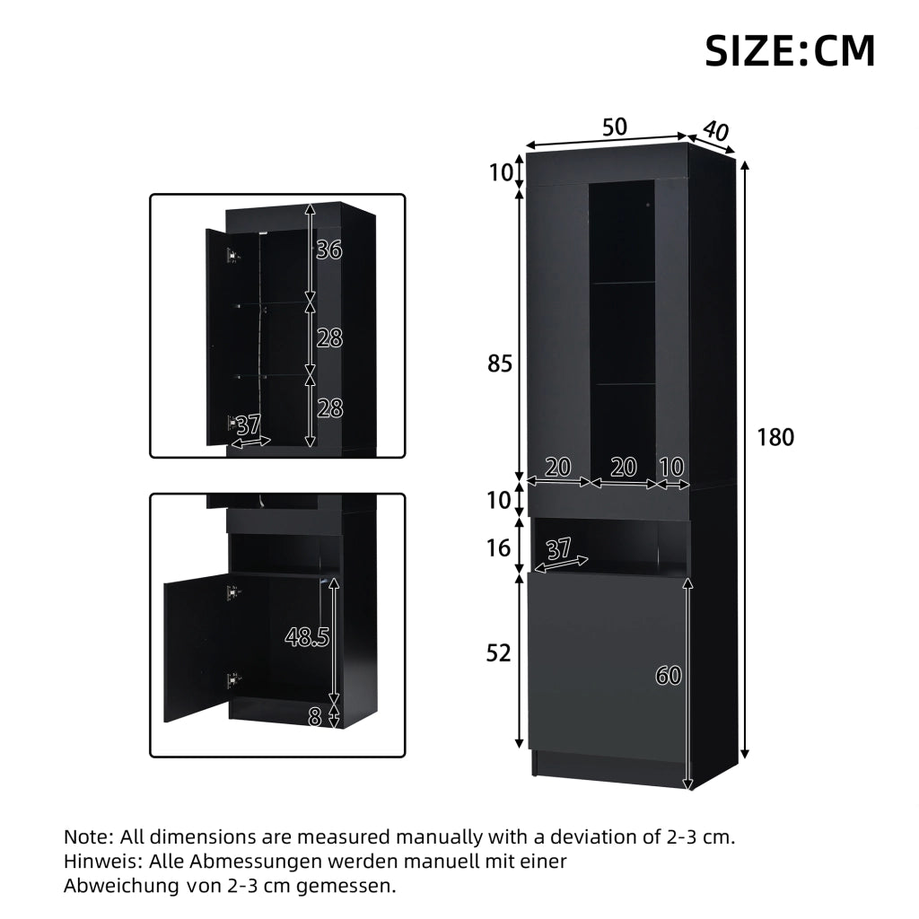 Vetrina con led e 1 anta semicoperta, 2 ripiani in vetro e vani aperti, stile moderno, per soggiorno e ufficio, nero, 50 × 40 × 180 cm