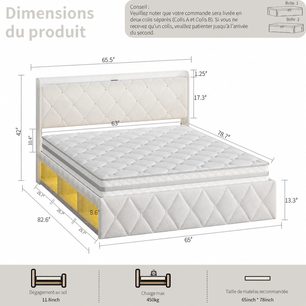 Letto matrimoniale 160 × 200 cm con USB, LED, ripiano in testiera e contenitore, senza materasso, bianco