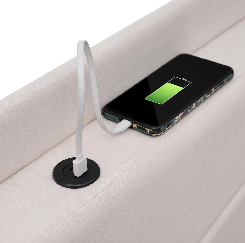Letto contenitore 90x200 cm con USB e USB C; testiera imbottita; beige