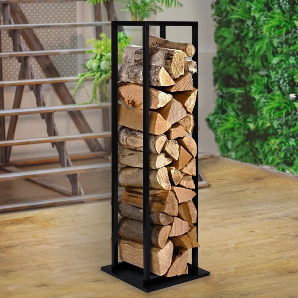 IDMarket - Portalegna per camino verticale in acciaio nero con ripiano H.112 cm