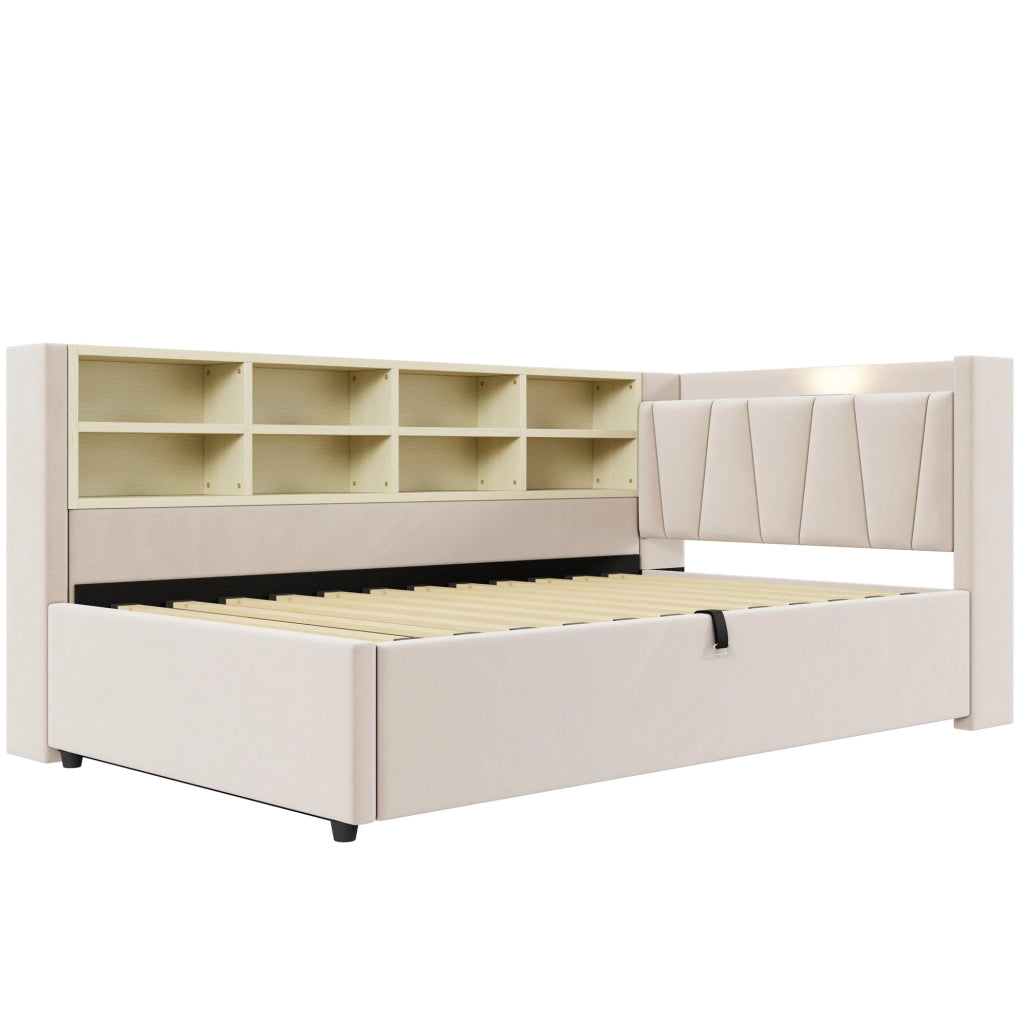 Letto imbottito 90x200 cm con contenitore idraulico e porte USB e Type-C in velluto