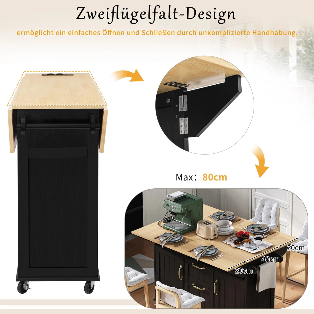 Carrello da cucina con 2 ante; 2 cassetti; vani aperti; piano ribaltabile; prese e portaasciugamani; in MDF; 120 x 40-60-80 x 92 cm; nero e naturale
