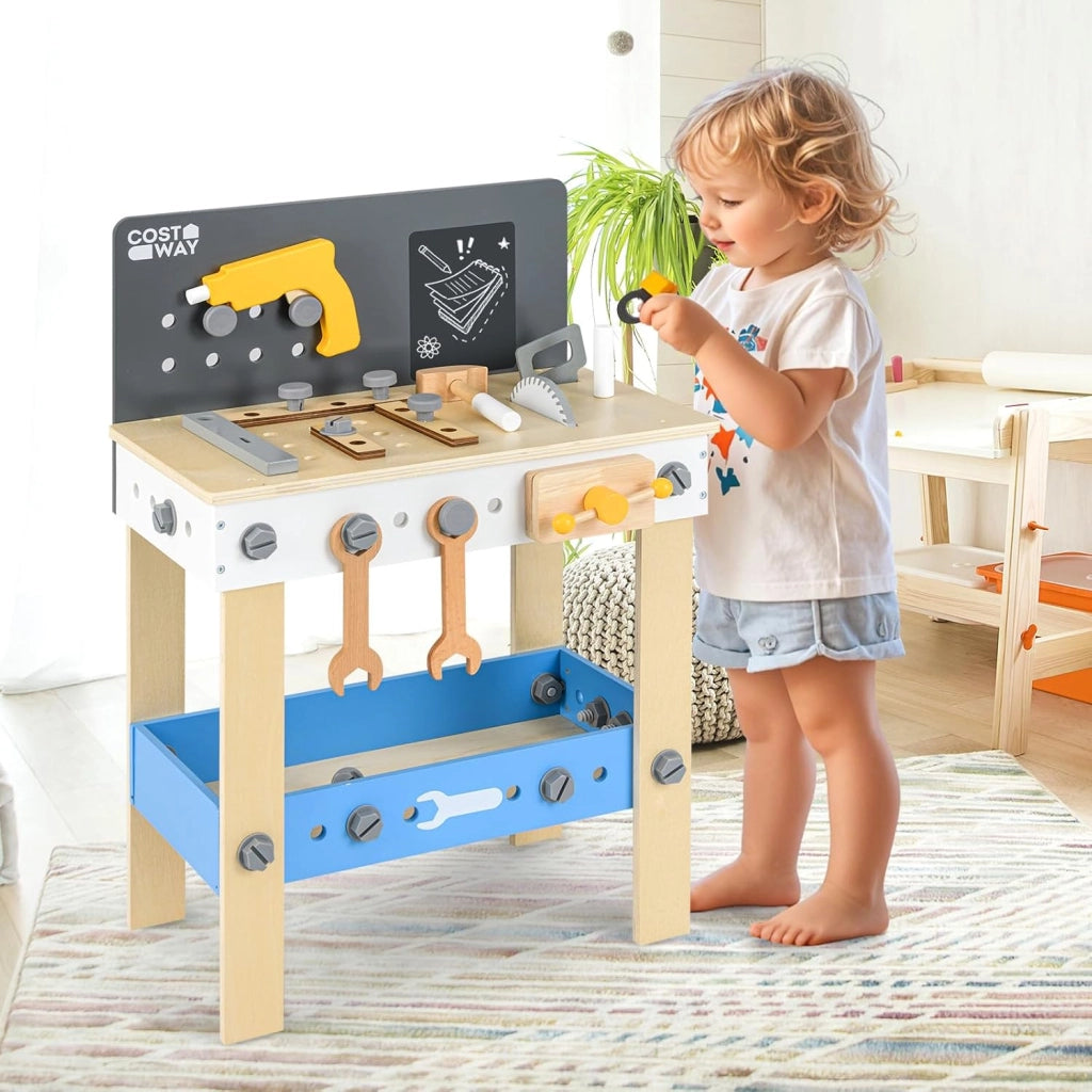 Banco Lavoro Bambini con Set di Attrezzi, Banco da Gioco in Legno con Lavagna e Strumenti da Lavoro, Piano di Lavoro con Trapano, Martello e Chiavi, 51 x 28 x 72 cm, per Bambini 3 + Anni