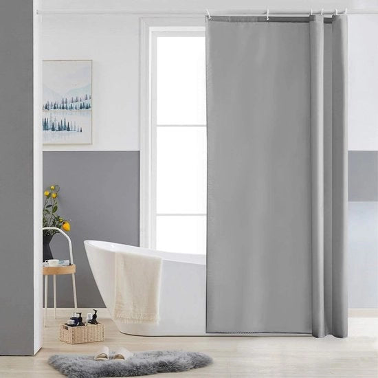 Gordino per doccia angolare e vasca da bagno piccola, tessuto di poliestere, impermeabile, idrorepellente e lavabile, grigio, 90 x 180 cm, con 6 anelli per gordino doccia.
