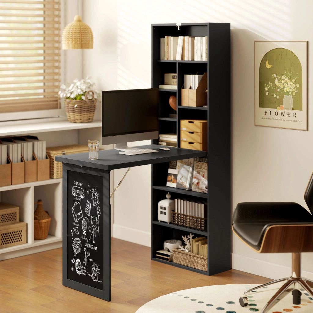 Mobile Libreria con Scrivania Salvaspazio Pieghevole 98x51x153 cm in Legno e MDF Nero