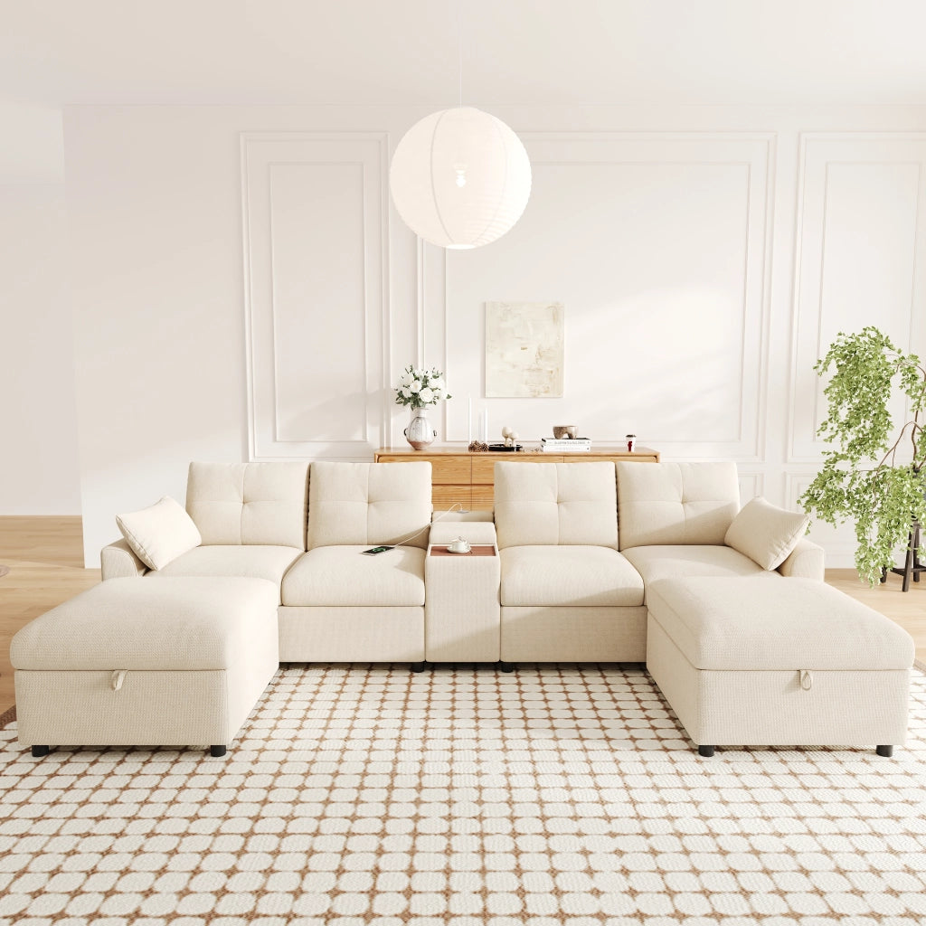 Divano angolare modulare 6 posti con 2 pouf contenitore e consolle centrale con USB e Type-C, in ciniglia beige