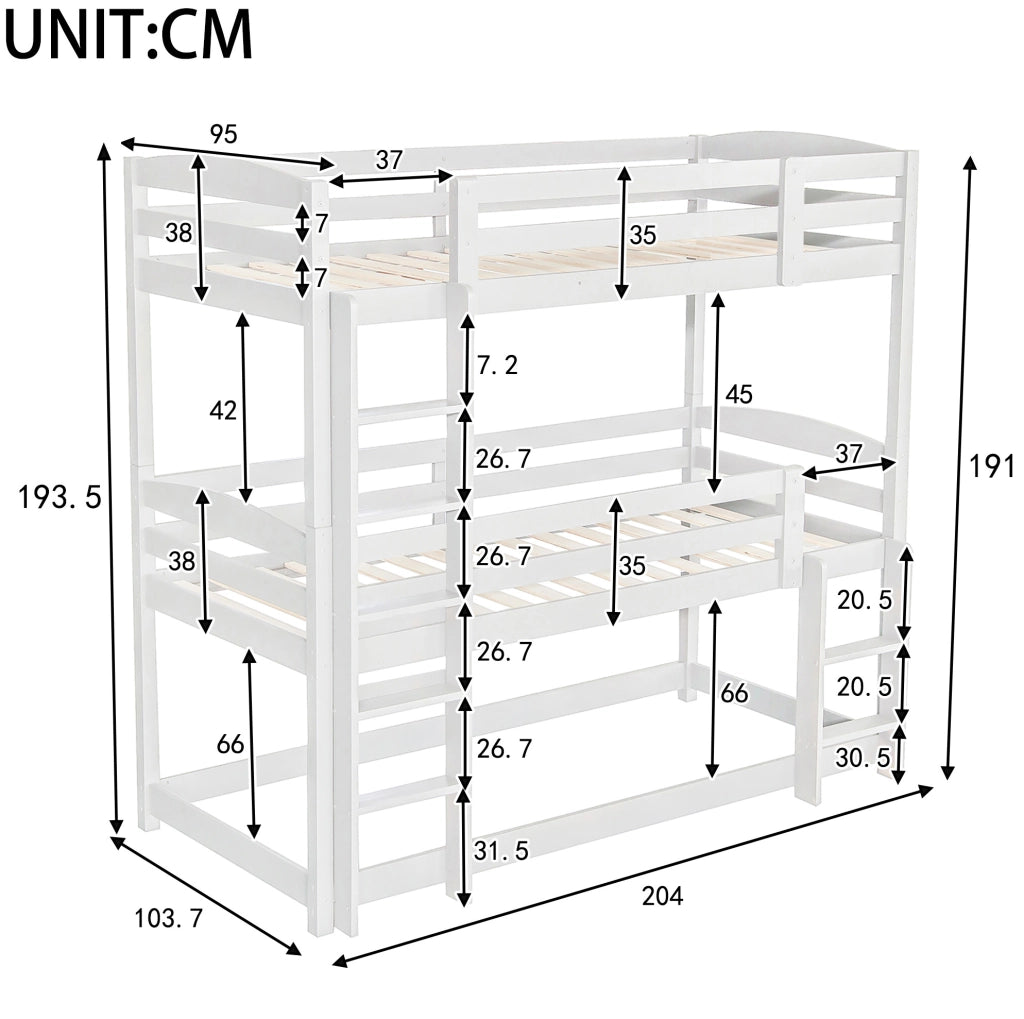 Letto a castello triplo per bambini 90x200 cm in legno di pino e MDF; bianco